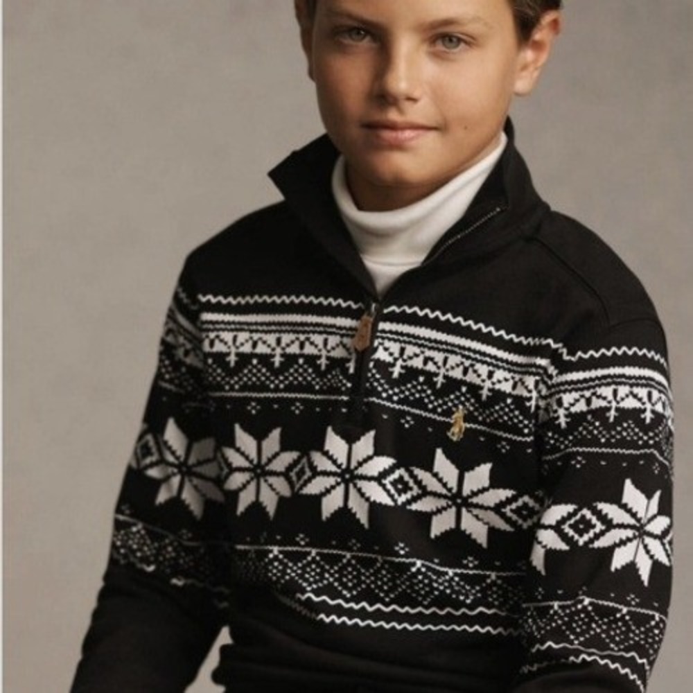Polo Ralph Lauren Kids 7 Black Fair Isle Snowflake Quarter Zip Pullover Sweater
